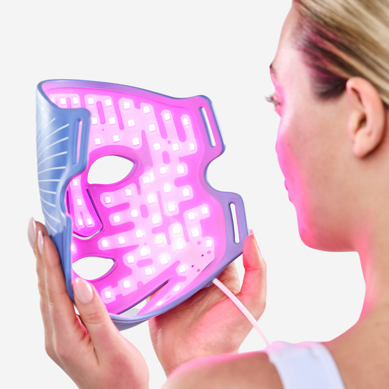 LED Blue Light Therapy Face Mask interior view showing illuminated LEDs