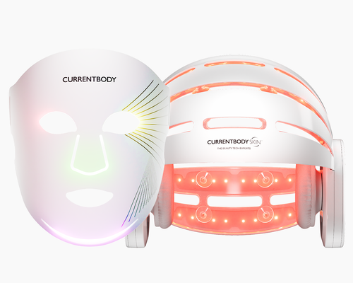 CurrentBody light therapy device shown in two views: a white LED face mask on the left emitting green and pink light, and a white LED headlamp on the right emitting red light, both on a clean white background.