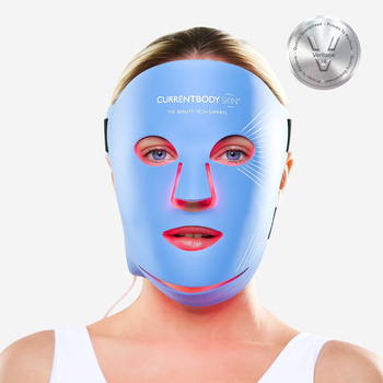 Woman wearing CurrentBody LED Blue Light Therapy Face Mask Series 2