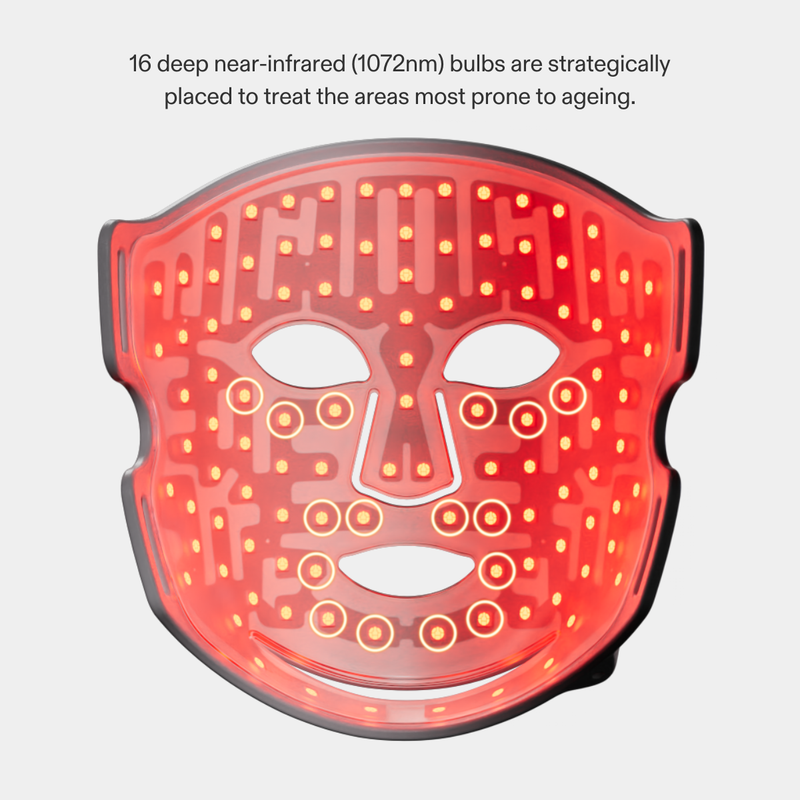 LED Red Light Therapy Face Mask interior view showing illuminated red LEDs