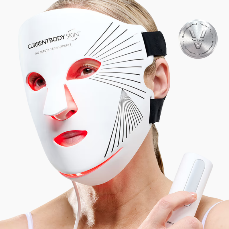 Woman wearing CurrentBody LED Red Light Therapy Face Mask Series 2