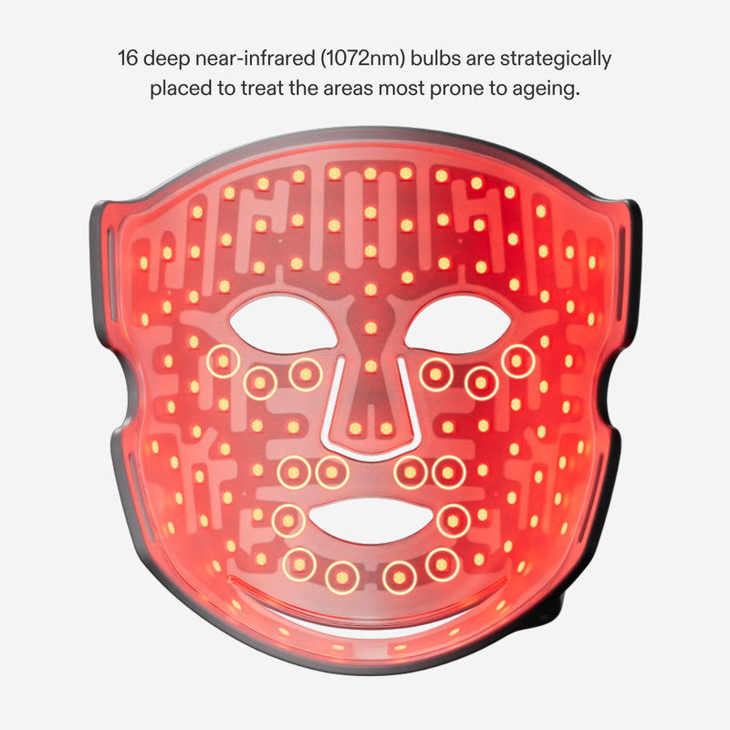 LED Red Light Therapy Face Mask interior view showing illuminated red LEDs